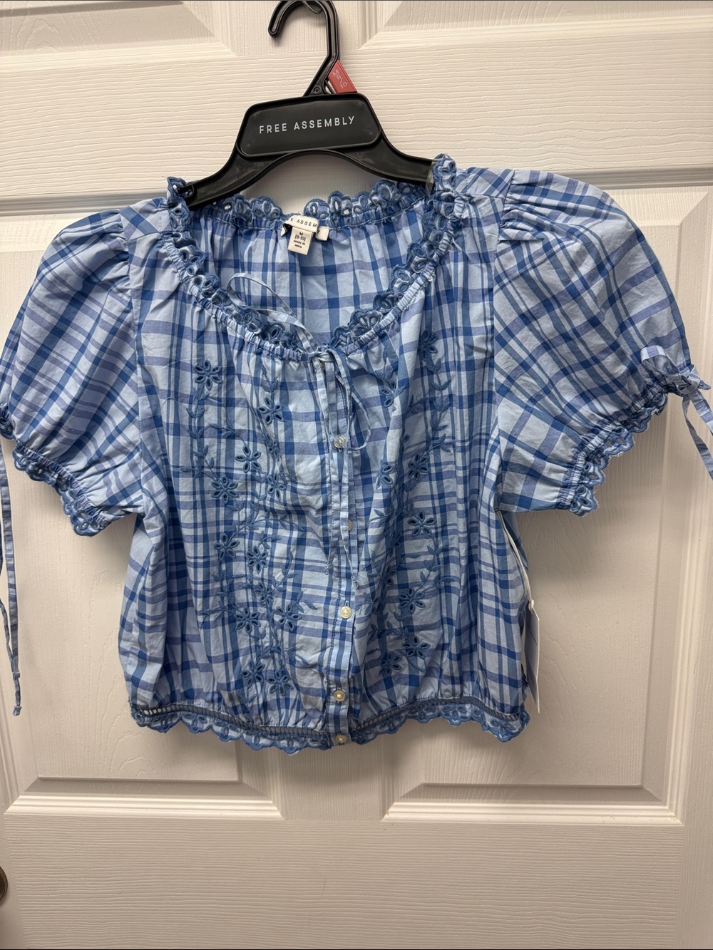 Free Assembly Blue Plaid Embroidered Peasant Top